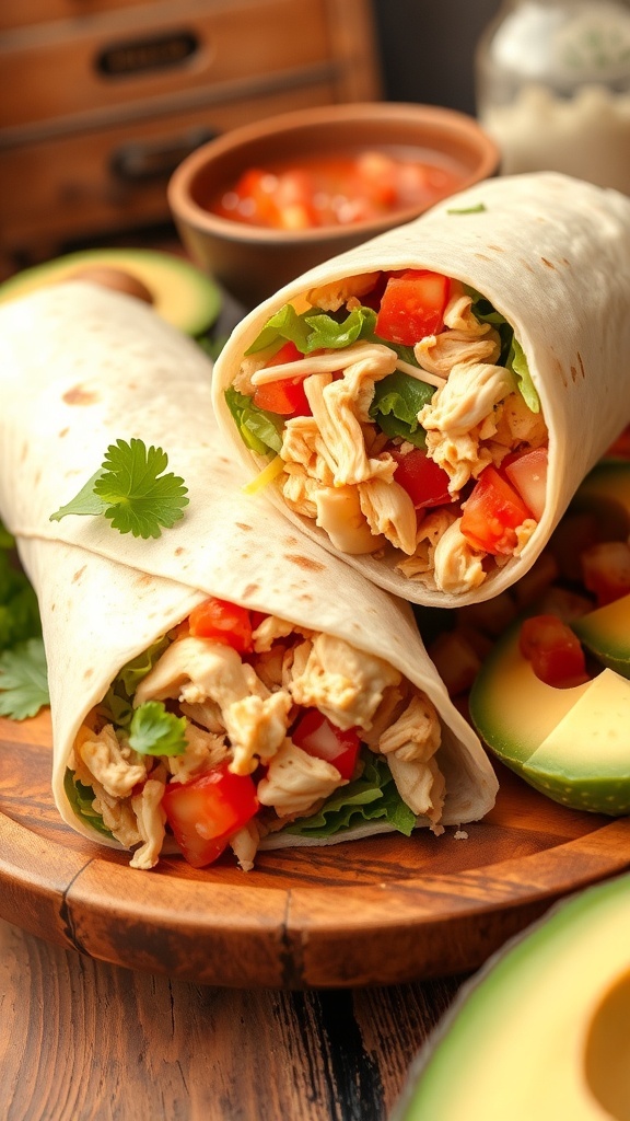 Chicken tortilla wrap filled with chicken, lettuce, tomatoes, and cheese, served with salsa and avocado.
